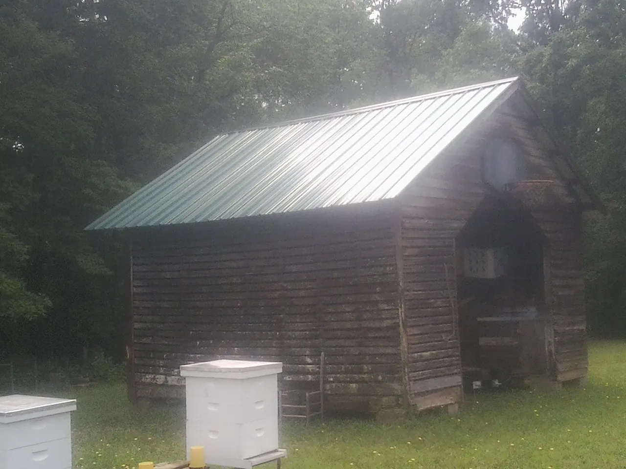 Green metal roof on a weathered barn beside stacked beehives in West Hurley